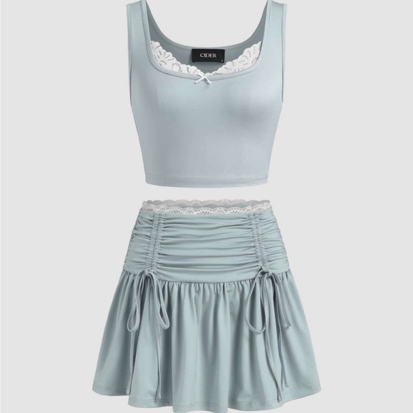 Cider Dresses & Skirts - NWT Cider Square Neck Lace Bowknot Crop Tank Top With Mid Rise Solid Drawstring